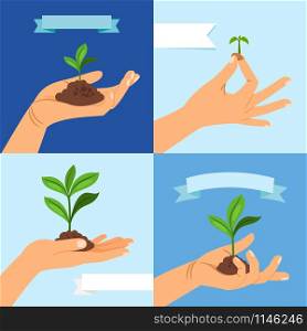 Sprout or seedling. Vernal plant with leaves and soil in human hand vector illustration. Sprout or seedling. Vernal plant in human hand