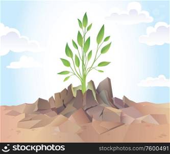 Sprout. The young green sprout is breaking the dry hard soil.Editable vector EPS v9.0 .