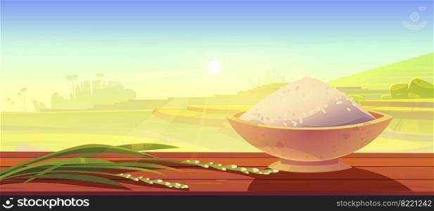 Sprouted white rice and bowl with cereals on wooden desk at asian field terraces landscape background. Paddy plantation, cascades farm meadow with green grass scenery view, Cartoon vector illustration. Sprouted rice and bowl with cereals heap on desk