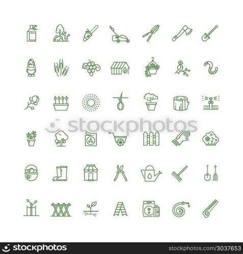 Sprouting seeds and home gardening thin outline vector icons. Sprouting seeds and home gardening thin outline vector icons. Plant and gardening, tool rake or spade for gardening illustration