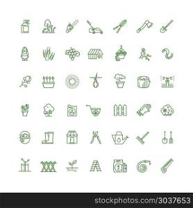 Sprouting seeds and home gardening thin outline vector icons. Sprouting seeds and home gardening thin outline vector icons. Plant and gardening, tool rake or spade for gardening illustration