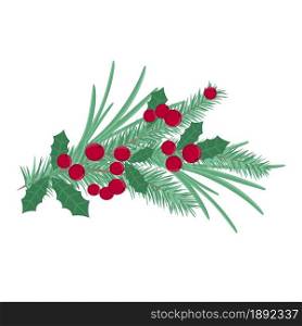 Spruce branch decorated with red berries and holly. New Year&rsquo;s spruce natural bouquet. Pine decoration for cards and banners, vector illustration.. Spruce branch decorated with red berries and holly.