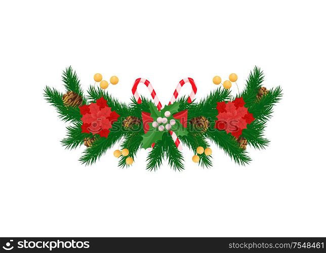 Spruce branches and white mistletoe, red poinsettia flowers and striped candy sticks, bow and pine cones vector New Year decoration icon isolated. Spruce Branches and White Mistletoe Red Poinsettia