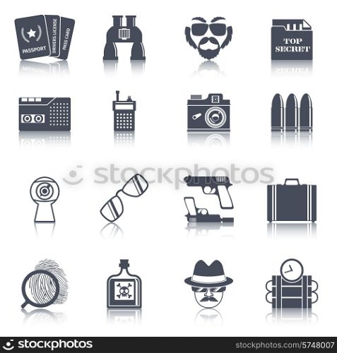 Spy agent gear gadgets and accessories black icons set with false identity documents abstract isolated vector illustration