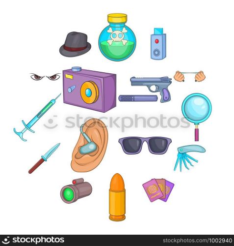 Spy and security icons set in cartoon style. Detective equipment set collection vector illustration. Spy and security icons set, cartoon style