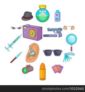 Spy and security icons set in cartoon style. Detective equipment set collection vector illustration. Spy and security icons set, cartoon style