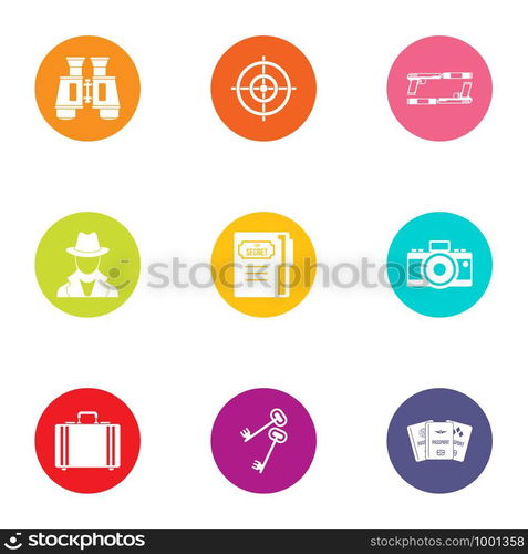 Spy game icons set. Flat set of 9 spy game vector icons for web isolated on white background. Spy game icons set, flat style