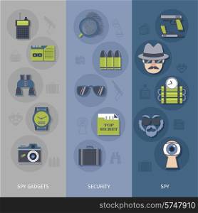 Spy gear accessories vertical banners set with false identity documents and mustache flat abstract isolated vector illustration