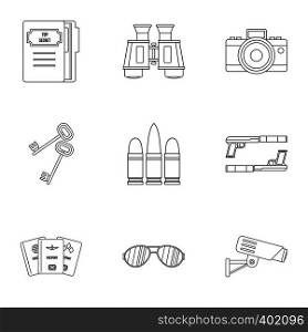 Spy icons set. Outline illustration of 9 spy vector icons for web. Spy icons set, outline style