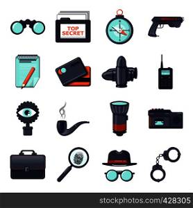 Spy icons set secret investigation. Cartoon illustration of 16 spy vector icons for web. Spy icons set, cartoon style