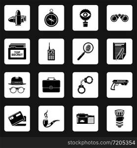 Spy icons set secret investigation. Simple illustration of 16 spy vector icons for web. Spy icons set, simple style