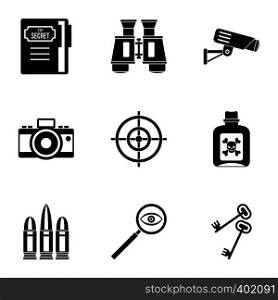 Spy icons set. Simple illustration of 9 spy vector icons for web. Spy icons set, simple style