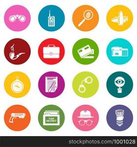 Spy icons set vector colorful circles isolated on white background . Spy icons set colorful circles vector