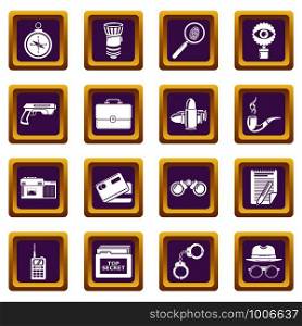 Spy icons set vector purple square isolated on white background . Spy icons set purple square vector