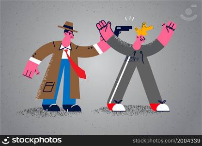Spy or detective put gun to criminal head catch for misconduct or crime. Police officer threaten thief with shotgun. Policeman on service get burglar. Law and order concept. Flat vector illustration. . Police officer threaten criminal with gun