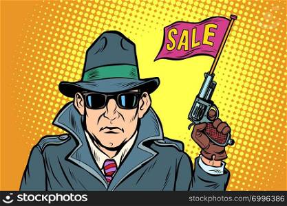 spy secret agent start sales. Comic cartoon pop art retro vector illustration drawing. spy secret agent start sales
