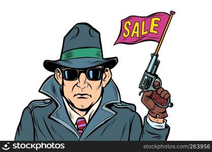 spy secret agent start sales. isolate on white background. Comic cartoon pop art retro vector illustration drawing. spy secret agent start sales. isolate on white background