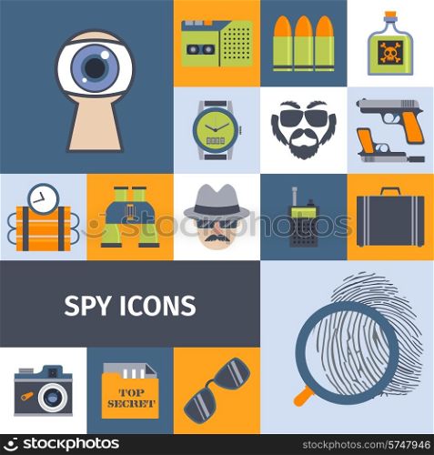 Spy secret intelligence agency service flat icons composition poster with recording camera lens abstract isolated vector illustration