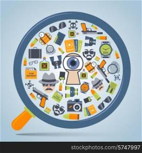 Spy secret service gadgets concept in magnifier glass form with camera icon poster print abstract vector illustration