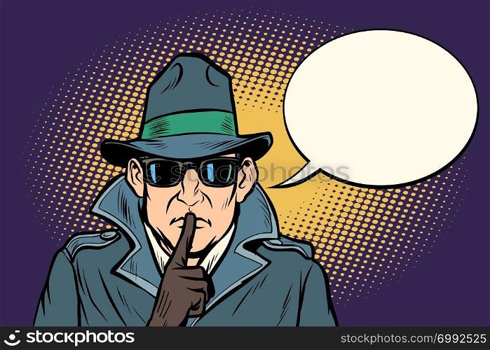 spy shhh gesture man silence secret. Comic cartoon pop art retro vector illustration drawing. spy shhh gesture man silence secret