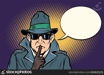 spy shhh gesture man silence secret. Comic cartoon pop art retro vector illustration drawing. spy shhh gesture man silence secret