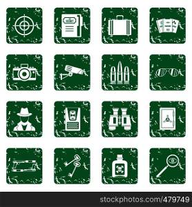 Spy tools icons set in grunge style green isolated vector illustration. Spy tools icons set grunge
