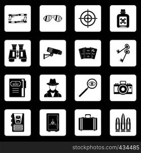 Spy tools icons set in white squares on black background simple style vector illustration. Spy tools icons set squares vector