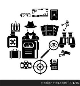Spy tools icons set. Simple illustration of 16 spy tools travel vector icons for web. Spy tools icons set, simple style