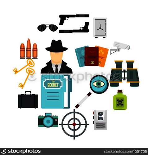 Spy tools set icons in flat style isolated on white background. Spy tools set flat icons