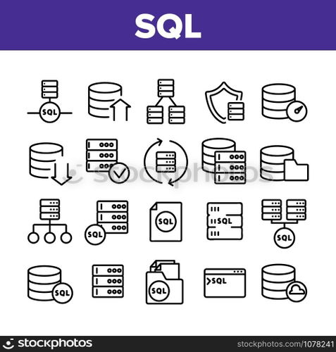 Sql Database Collection Elements Icons Set Vector Thin Line. Sql Computing Internet Security Protection And Networking Technology Concept Linear Pictograms. Monochrome Contour Illustrations. Sql Database Collection Elements Icons Set Vector