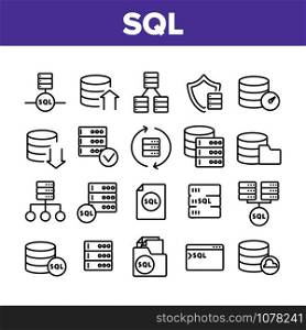 Sql Database Collection Elements Icons Set Vector Thin Line. Sql Computing Internet Security Protection And Networking Technology Concept Linear Pictograms. Monochrome Contour Illustrations. Sql Database Collection Elements Icons Set Vector