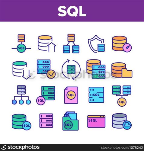 Sql Database Collection Elements Icons Set Vector Thin Line. Sql Computing Internet Security Protection And Networking Technology Concept Linear Pictograms. Color Contour Illustrations. Sql Database Collection Elements Icons Set Vector