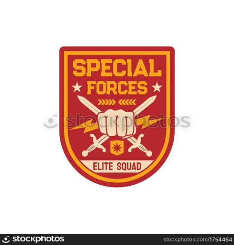 Squad infantry troops, military chevron with crossed sword and fist, thunders isolated army insignia on officer uniform. Vector special forces US army mascot, military sub-subunit, trooper badge. Infantry troops military chevron elite squad patch