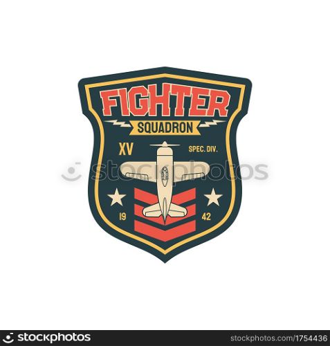 Squadron fleet air navy, aviation squad army chevron insignia of airplane jet fighter isolated patch on military uniform. Vector attack defend interceptor, propelled jet emblem, military aircraft. Fighter plane army chevron insignia aviation squad