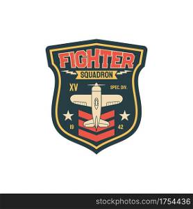 Squadron fleet air navy, aviation squad army chevron insignia of airplane jet fighter isolated patch on military uniform. Vector attack defend interceptor, propelled jet emblem, military aircraft. Fighter plane army chevron insignia aviation squad