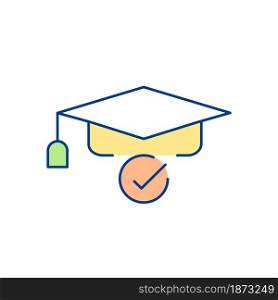 Square academic cap RGB color icon. Acquiring of knowledge, geting higher education. Bachelor degree. Graduation from university. Isolated vector illustration. Simple filled line drawing. Square academic cap RGB color icon