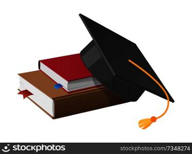 Square academic hat with tassel on pile of books vector illustrations isolated on white. Mortarboard cup symbol of wisdom in flat style. Square Academic Hat with Tassel on Pile of Books
