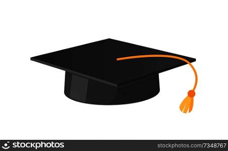 Square academic hat with tassel vector illustration icon isolated on white. Mortarboard cup symbol of wisdom and magisters graduation from university. Square Academic Hat with Tassel Vector Icon