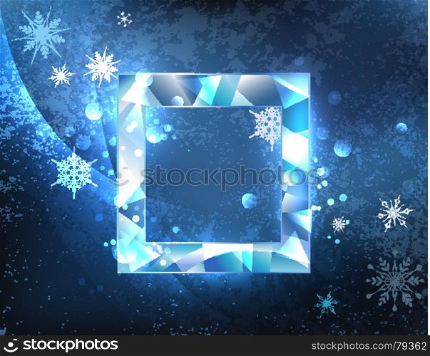 Square banner of blue, glittering ice blue cold background with snowflakes. Ice design.
