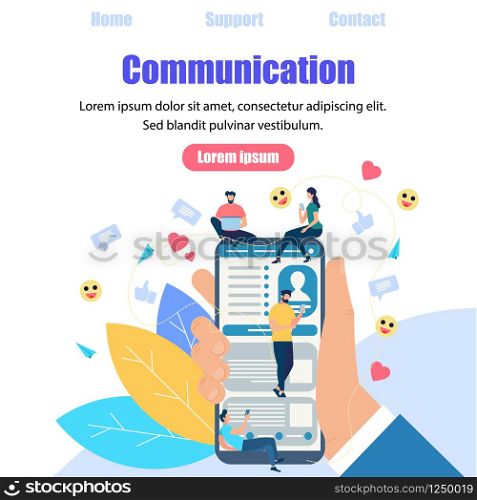 Square Banner with Copy Space. Chat Talk of Young People Using Gadgets for Sending Messages in Internet Messenger. Guys and Woman Sit on Big Smartphone and Typing Sms Cartoon Flat Vector Illustration. Chat Talk of Young People Using Gadgets. Internet