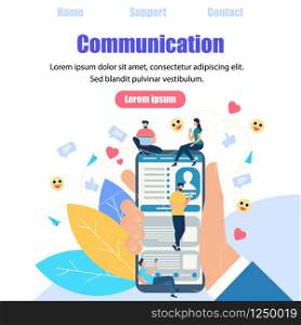 Square Banner with Copy Space. Chat Talk of Young People Using Gadgets for Sending Messages in Internet Messenger. Guys and Woman Sit on Big Smartphone and Typing Sms Cartoon Flat Vector Illustration. Chat Talk of Young People Using Gadgets. Internet