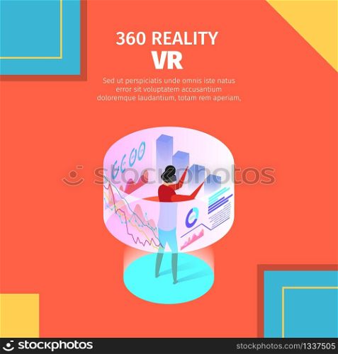 Square Banner with Copy Space. Man Wear Vr Glasses Interacting Virtual Augmented Reality in Life. Analysing Data Process for Business Touching 360 Circle Screen. 3d Flat Vector Isometric Illustration. Man Wear Vr Glasses Interacting Virtual Reality