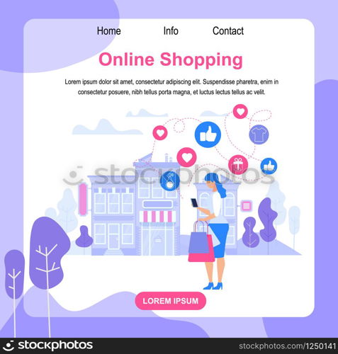 Square Banner with Copy Space. Online Shopping. Young Lady Consumer, Buyer Holding Shop Bags Shopping Via Smartphone in Web Application Standing at Front of Store Building. Flat Vector Illustration.. Square Banner with Copy Space. Online Shopping.