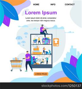 Square Banner with Copy Space. People Characters Buying Things in Virtual Store. Online Shopping. Express Delivery Service Ship Goods to Consumers. Internet Commerce, Cartoon Flat Vector Illustration. People Characters Buying Things in Virtual Store.