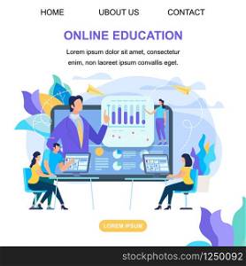 Square Banner with Copy Space. Students Watch Online Training Video with Teacher on Huge Monitor. Online Teaching, Share Your Knowledge, Trainer Speaking from Screen. Cartoon Flat Vector Illustration. Students Watch Online Training Video with Teacher
