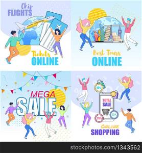 Square Banners Set with Happy Dancing People on Colorful Background with Party Decoration. Cheap Flights. Mega Sale. Best Tours Online. Mega Sale Shopping. Linear Cartoon Flat Vector Illustration.. Square Banners Set with Happy Joyful People Dance.