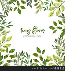 Square border frame, green leaves and branches, wet watercolor design elements, hand drawn vector illustration.