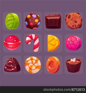 Square buttons with chocolate and hard sugar candies, fruit drops, lollipop, cake and bonbon. Vector cartoon set of sweet food icons, caramel, christmas candy cane and confectionery. Square buttons with chocolate and fruit candies