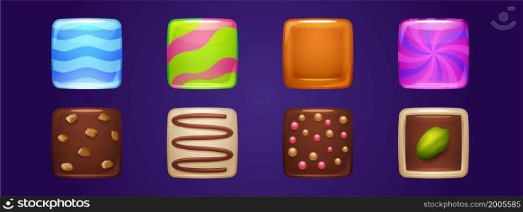 Square buttons with texture of chocolate and hard sugar candies. Vector cartoon set of glossy icons from lollipop, caramel with wavy stripes, dessert with pistachio and crumbs isolated on background. Square buttons with texture of chocolate candies