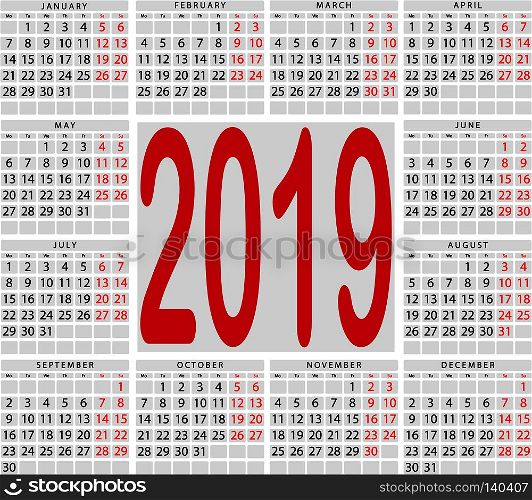 Square calendar for 2019 year. Output is highlighted in red